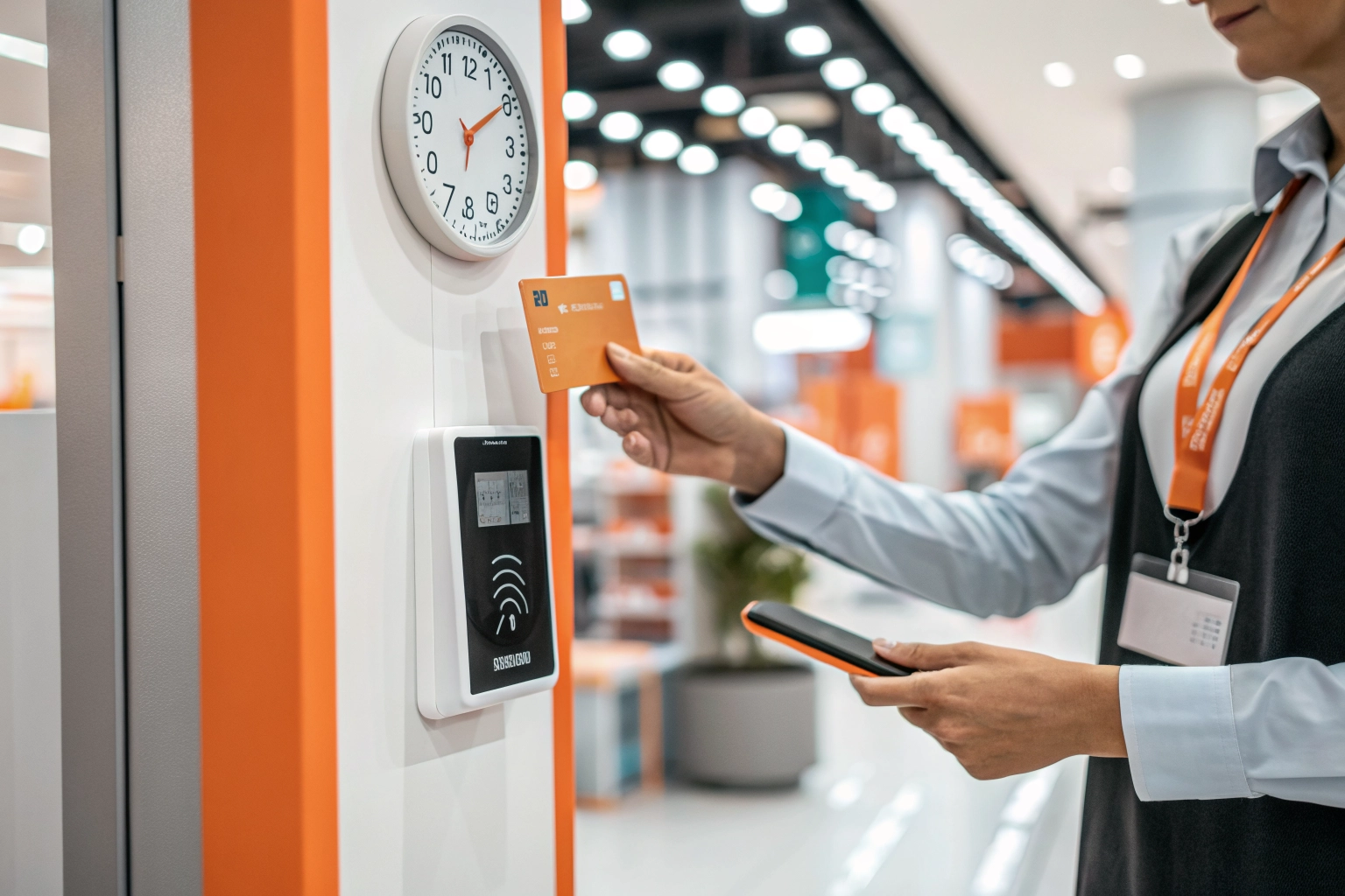 Gros plan d'un badge RFID approché d'une pointeuse moderne, symbolisant le pointage.
