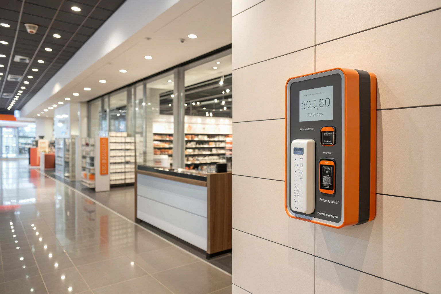 Terminal de pointage professionnel Synel installé dans un commerce moderne.